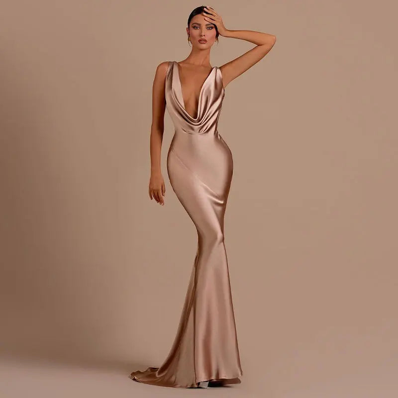 Woman Sexy Satin Swing Neck Party Dress Fashion Solid Backless Bodycon Maxi Dresses