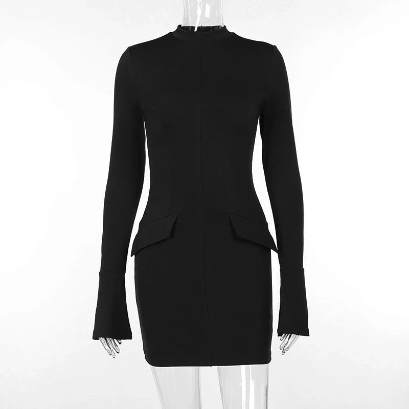 Women Elegant  City Commuting Mini Dress 2024 Autumn Sexy Pocket Long Sleeve Bodycon Dresses