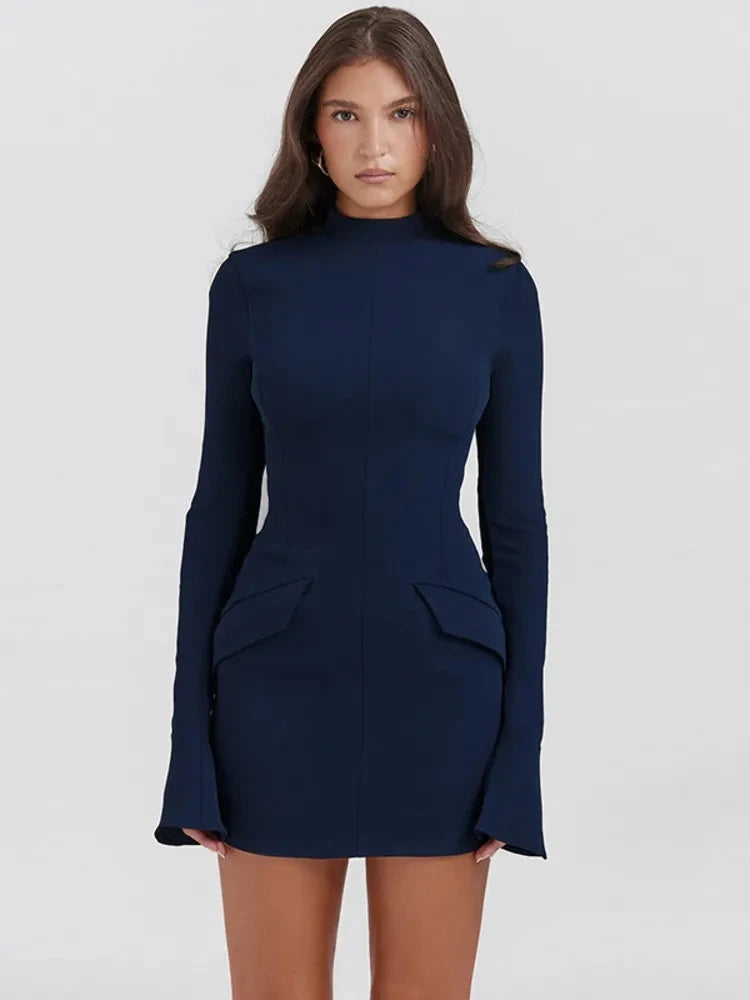 Women Elegant  City Commuting Mini Dress 2024 Autumn Sexy Pocket Long Sleeve Bodycon Dresses