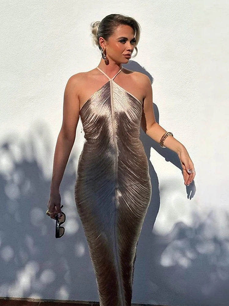 Women Party Shinny Metallic Halter Dress Female Sleeveless Backless Bodycorn Long Vestidos Lady Party Club Evening Robes