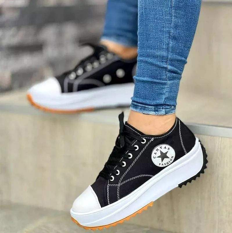 Women's Fashion Canvas Color-Blocking Lace-up Platform Heel Sneakers