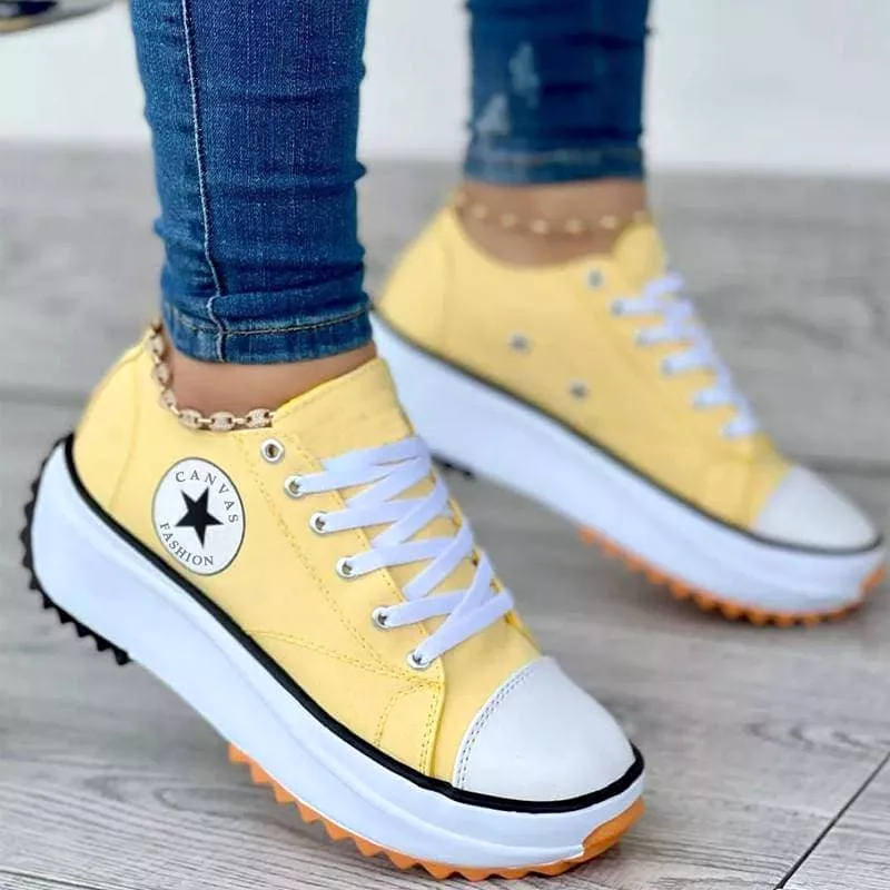 Women's Fashion Canvas Color-Blocking Lace-up Platform Heel Sneakers