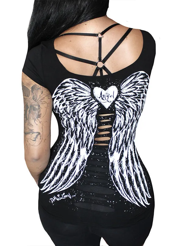 Women's Gothic Angel Slashed & Braided Tee