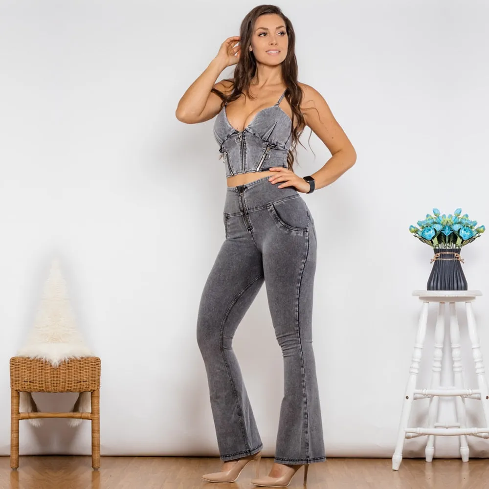 Women's Gray Zipper Top High Waist Push Up Flare Jeans Yoga Outfit Set