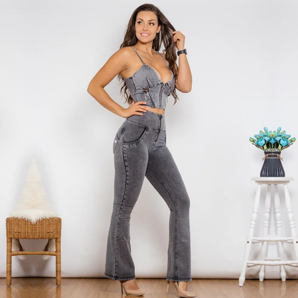 Women's Gray Zipper Top High Waist Push Up Flare Jeans Yoga Outfit Set