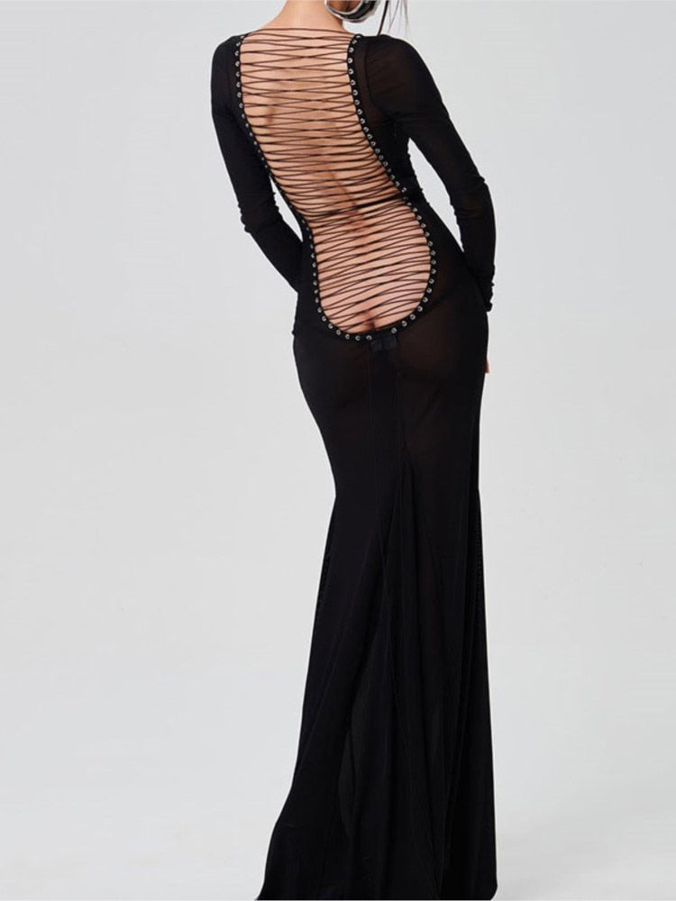 Women's Sexy Mesh Sheer Backless Long Dress Female See Through Lace Up Bodycone Long Sleeve Dresses Lady's Party Club Vestidos